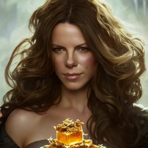 Image similar to Kate Beckinsale covered in honey eating fork, D&D, fantasy, intricate, elegant, highly detailed, digital painting, artstation, concept art, matte, sharp focus, illustration, hearthstone, art by Artgerm and Greg Rutkowski and Alphonse Mucha