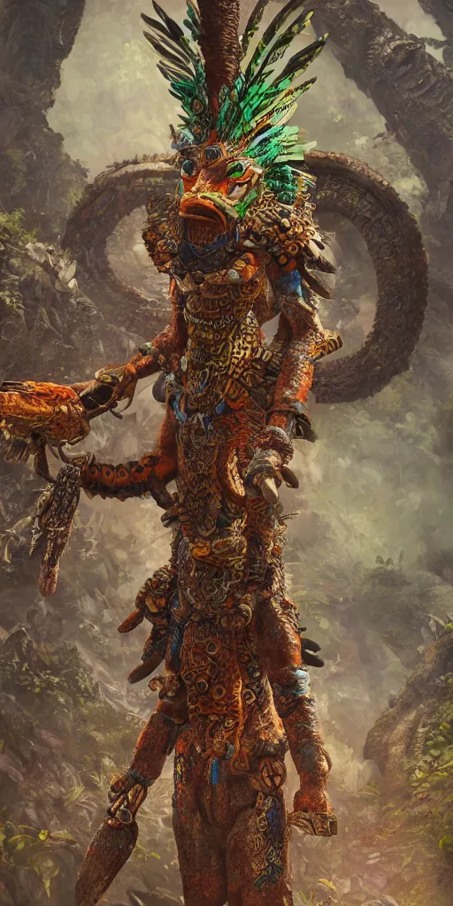 Prompt: detailed full body concept art illustration, oil painting on canvas of a mayan quetzalcoatl, biomutant, dystopian, micro detail, octane render, 4K