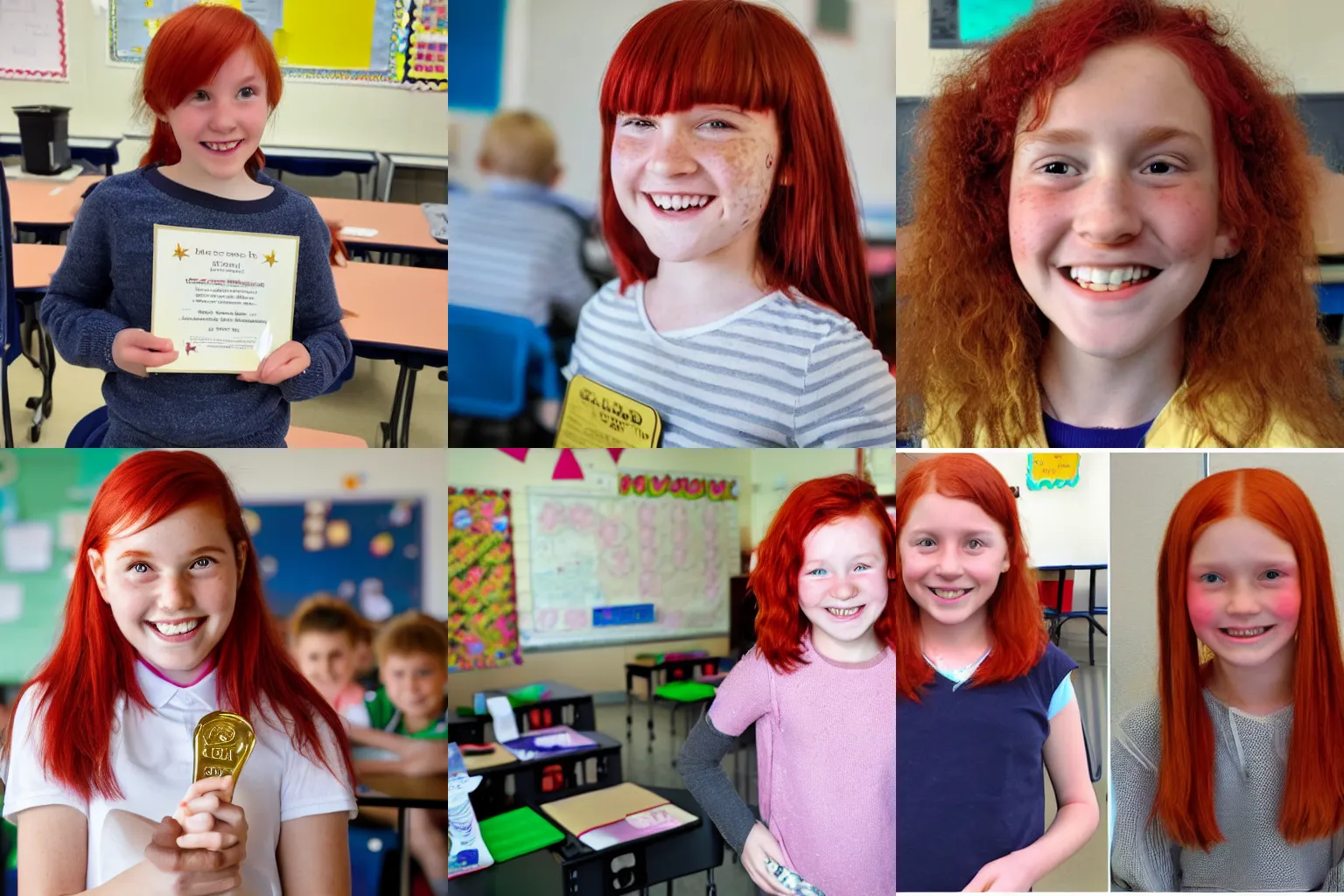 Prompt: A smiling 10 year old girl in a classroom, red hair, freckles, stunning, award winning