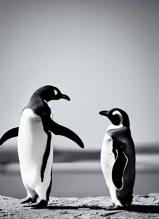 Image similar to two penguins black and white portrait white sky in background