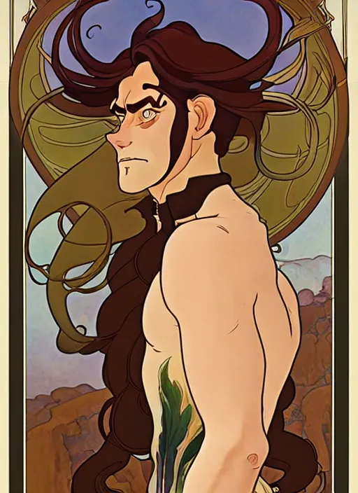 Image similar to art nouveau portrait of centaur man, natural lighting, path traced, highly detailed, high quality, cartoon, digital painting, by don bluth and ross tran and studio ghibli and alphonse mucha