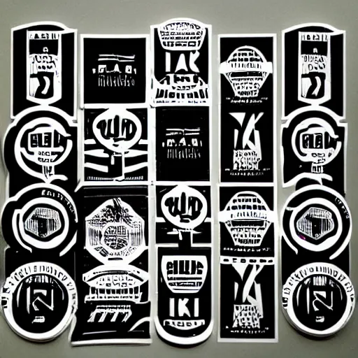 Image similar to black on white graphic design stickers in style of david rudnick, eric hu, y 2 k,