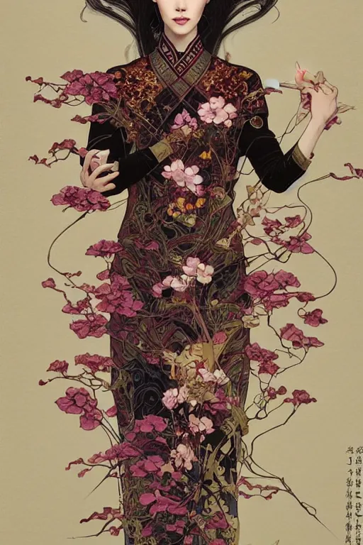 Image similar to full length portrait of a beautiful mysterious chinese humanoid holding bouquet of flowers by eve ventrue, michael carson, andreas rochas, john watkiss, casey weldon, artgerm. art nouveau. tarot card by mucha. gloomhaven. swirly intricate linework background. gaudy colors, sharp edges. octane render