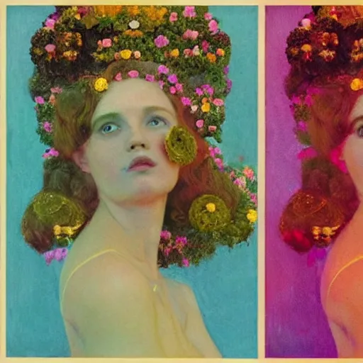 Prompt: a lot of flowers morphing in a beautiful girls face, film still by wes anderson, depicted by klimt, limited color palette, very intricate, art nouveau, highly detailed, lights by hopper, soft pastel colors, minimalist