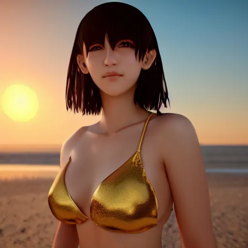 Image similar to Render of a very beautiful 3d anime girl, short hair, golden eyes, cute freckles, full round face, short smile, slim bikini, golden hour, serene beach setting, sun setting in the back, medium shot, mid-shot, highly detailed, trending on Artstation, Unreal Engine 4k