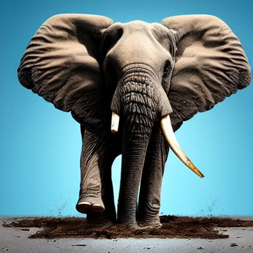 Image similar to an elephant falling apart and crumbling to dust to the air, photorealistic