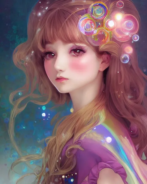 Image similar to portrait of magical lolita girl, dreamy and ethereal, expressive pose, big gold eyes, exciting expression, fantasy, intricate, elegant, many rainbow bubbles, rose tones, highly detailed, anime, artstation, concept art, cyberpunk wearing, smooth, sharp focus, illustration, art by artgerm and greg rutkowskiand alphonse mucha