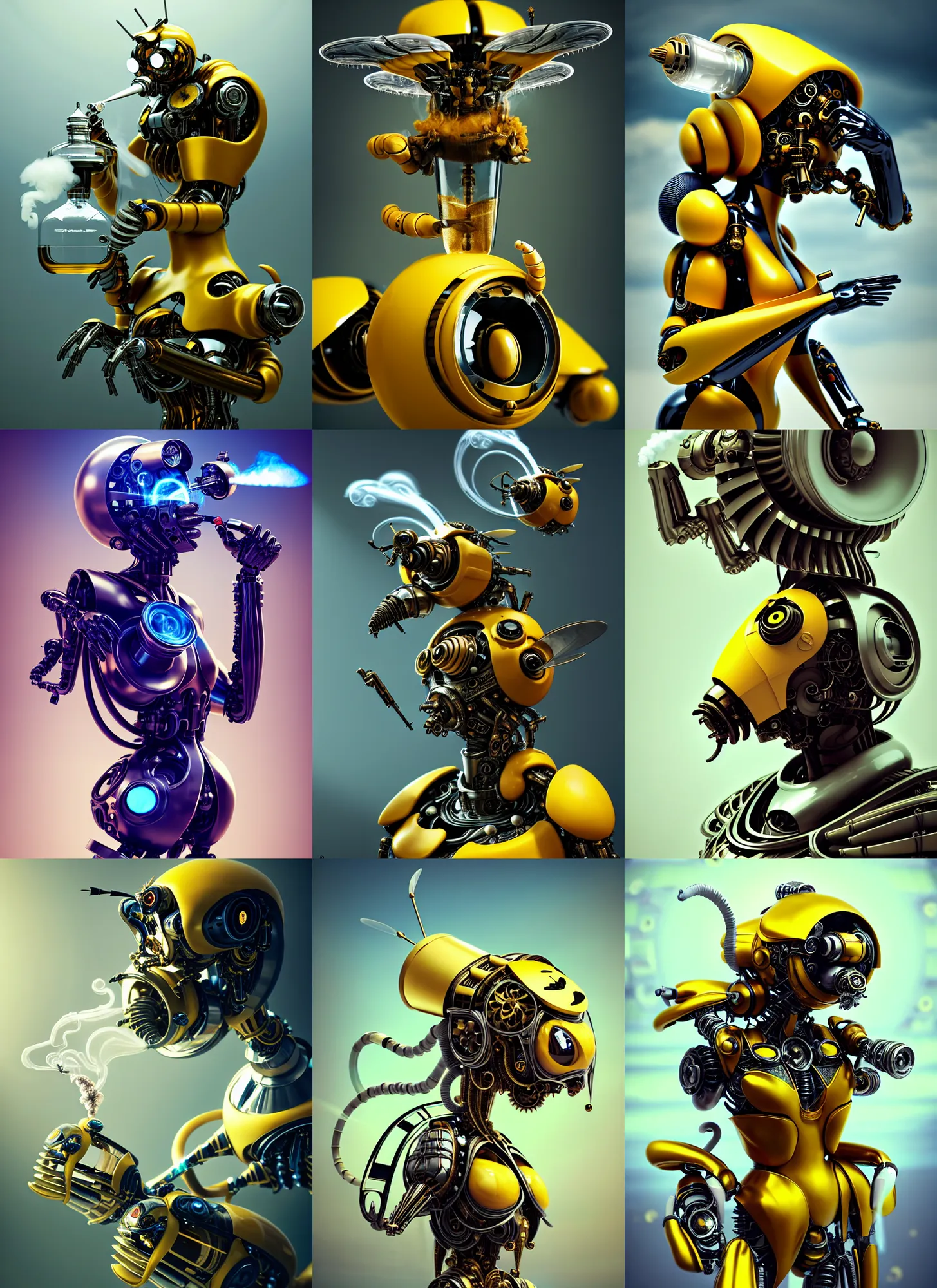 Prompt: transhuman turbine bumblebee edm cyborg smoking elaborate milk bong | ornate | glamorous oily soft polished rich enticing ornate modern | weta disney pixar movie still photo | hi - fructose, sci fi fantasy, golden ratio details, smooth, octane render, sharp focus, artstation, concept art | beeple, feng zhu, mucha, rutkowski |