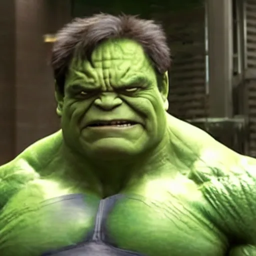 Image similar to a promotional screenshot of Danny Devito playing The Hulk in Avengers: Infinity War
