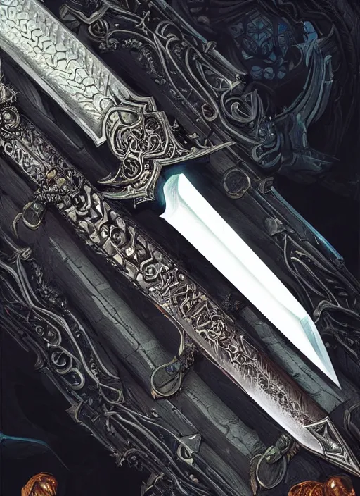 Image similar to legendary sword of technology, intricate black and iridescent blade, ornate gothic baroque spikes, glowing handle, detailed realistic, ray tracing, colored gems, art by greg rutkowski