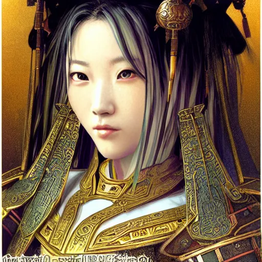 Image similar to beautiful and divine and holy and elite and colorlpunk three kingdom chinese female armor knight portrait like twice tzuyu+shinnyy eyes+front face with light flowing hair, ultradetail face, art and illustration by tian zi and craig mullins and WLOP and alphonse mucha, fantasy, intricate complexity, human structure, human anatomy, fantasy character concept, watermark, blurry, hyperrealism 8k