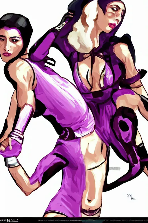 Prompt: arabian wrestling woman, cleanest posse, cleanest image without duplication, justify, parallel content, hyperrealistic anatomy body content, violet polsangi pop art, gta chinatown wars art style, sharp focus, bioshock infinite art style, incrinate, dynamic stretching, rgba color, white frame, balance proportion content