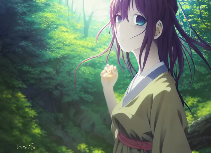 Image similar to anime portrait of the priestess in the forest,loish ,omoide emanon, tsuruta kenji, murata range,kawaii, kyoto animation, manga,katsura masakazu, intricate, detailed, studio lighting, gradation,editorial illustration, matte print, Ilya Kuvshinov, concept art, makoto shinkai