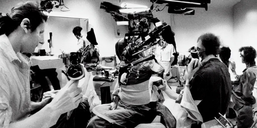 Prompt: color film still, behind the scenes of filming, staff applying makeup to actors. ; alien 2 ( 1 9 8 6 )