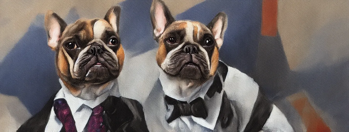 Image similar to oil painting of a french bulldog wearing businessman attire