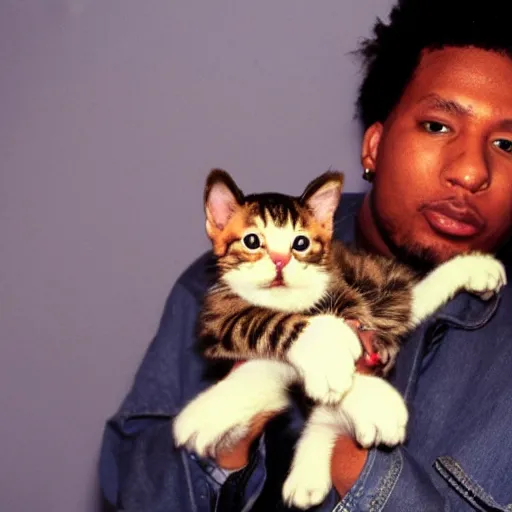 Image similar to 15mm wide-angle lens photo of a rapper in 1990 New York holding a kitten up to the camera