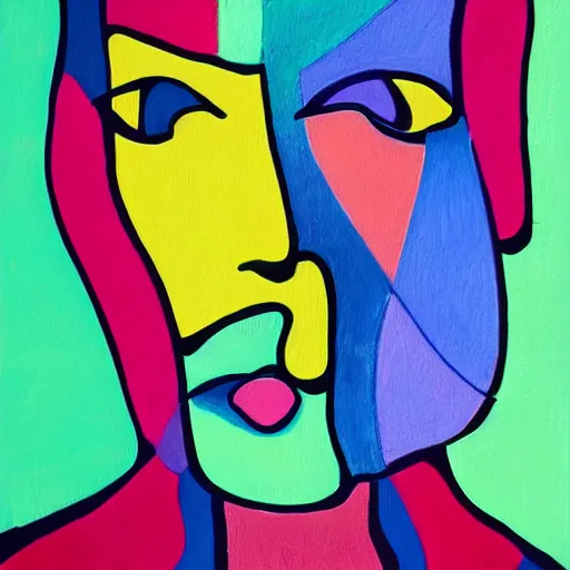 Prompt: oil painting portrait of an abstract human face. Bold Lines, bright pastels. Unknown Artist, HQ Scan.