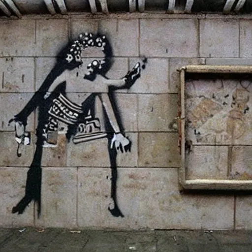 Image similar to banksy graffiti on cursed ancient anunnaki tomb, ps 1 graphics