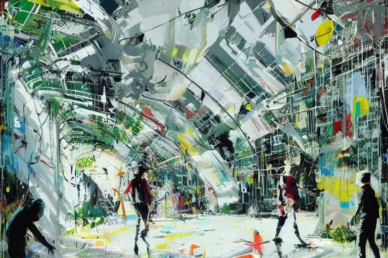 Image similar to a solarpunk white plastic wall by john berkey, covered in graphitti by banksy, basquiat, cleon peterson, dramatic cinematic lighting, manicured solarpunk greenery, high fashion futuristic people walk past