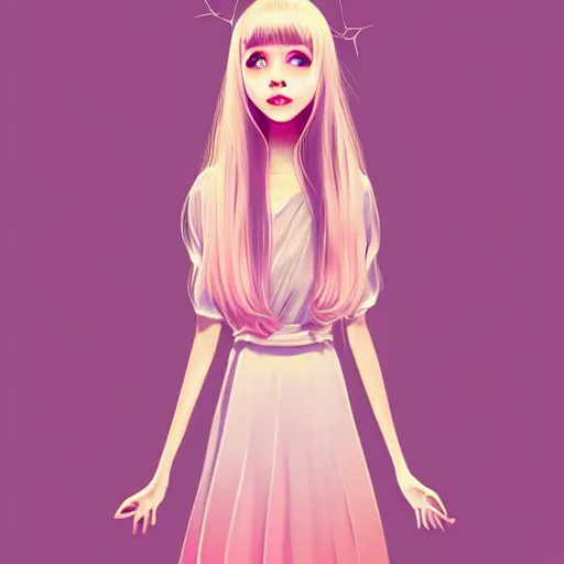 Image similar to happy adult female in sundress, summer dress, pastel light pink very long hair, muted colors, matte print, pastel colors, ornate, digital art, digital painting, fan art, elegant, artstation, head is centered, by Ilya Kuvshinov