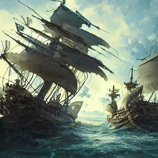 Prompt: kraken crushing pirate ship under sunny skies, trending on artstation, ultra fine detailed, hyper detailed, hd, concept art, digital painting