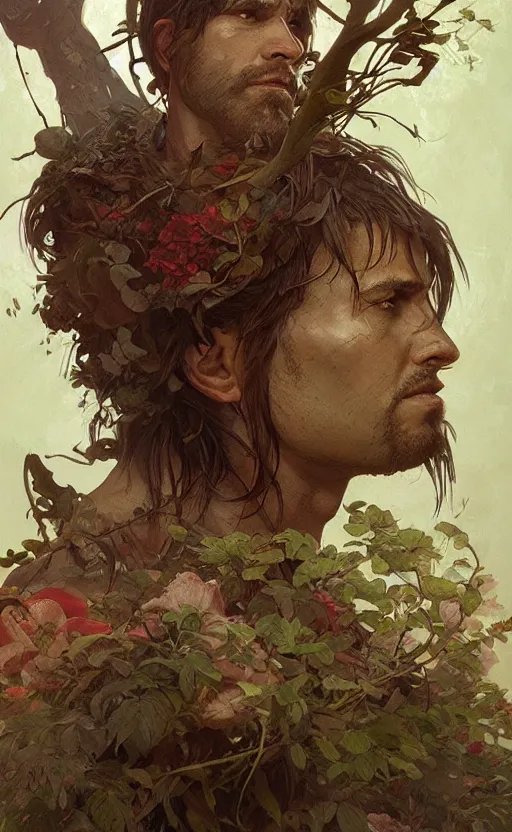 Prompt: god of the forest, 3 0 years old, rugged, male, gorgeous, detailed face, amazing, full body, flowers, muscular, intricate, highly detailed, digital painting, artstation, concept art, sharp focus, illustration, art by greg rutkowski and alphonse mucha