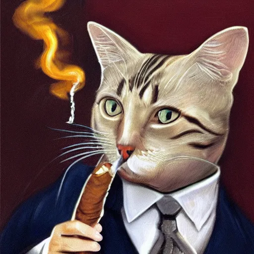 Prompt: cat in suit smoking cigar, portrait,