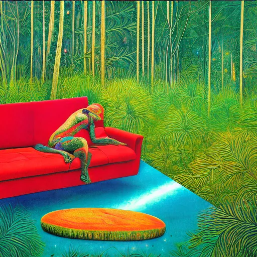 Prompt: psychedelic couch sofa in the lush pine forest, milky way, designed by arnold bocklin, jules bastien - lepage, tarsila do amaral, wayne barlowe and gustave baumann, cheval michael, trending on artstation, canada, star, sharp focus, colorful refracted sparkles and lines, soft light, 8 k 4 k