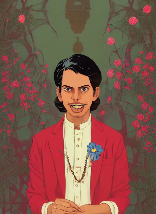 Prompt: artwork by Michael Whelan, Bob Larkin and Tomer Hanuka, of a solo individual portrait of a happy Indian person with flowers wearing a 1920s red striped outfit, dapper, simple illustration, domestic, nostalgic, full of details, by Makoto Shinkai and thomas kinkade, wes anderson, wes anderson, wes anderson, wes anderson, wes anderson, Matte painting, trending on artstation and unreal engine