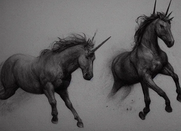Image similar to detailed charcoal sketch of two unicorns running through a fjord, some edges lost, subtle, beautiful epic sketch, light and medium values, epic fjord, detailed unicorns, clean elegant and refined sketch, equal focus of attention throughout