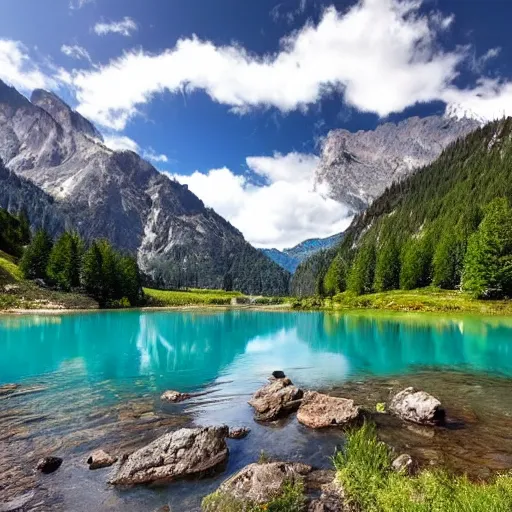 Prompt: alpine river lake with mountains in the background, blue sky with a few clouds, beautiful, hd, landscape