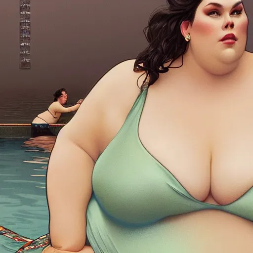 Image similar to coy chrissy metz on a swimsuit intricate, elegant, highly detailed, digital painting, artstation, concept art, smooth, sharp focus, illustration, art by artgerm and greg rutkowski and alphonse mucha