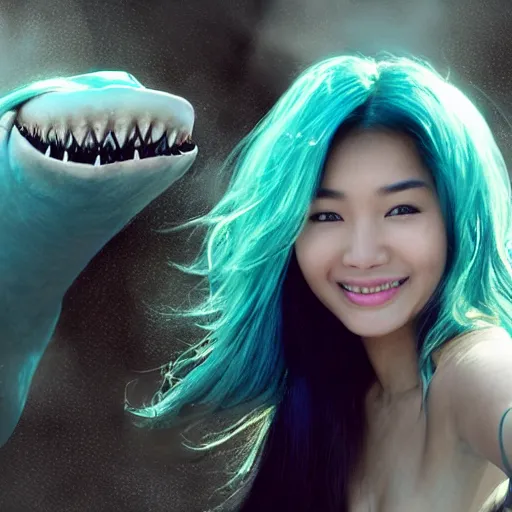 Image similar to A beautiful Asian actress with Turquoise hair smiling and taking a selfie inside the mouth of 'Jaws', diffuse lighting, fantasy, intricate, elegant, highly detailed, lifelike, photorealistic, digital painting, artstation, illustration, concept art, smooth, sharp focus, art by John Collier and Albert Aublet and Krenz Cushart and Artem Demura and Alphonse Mucha”