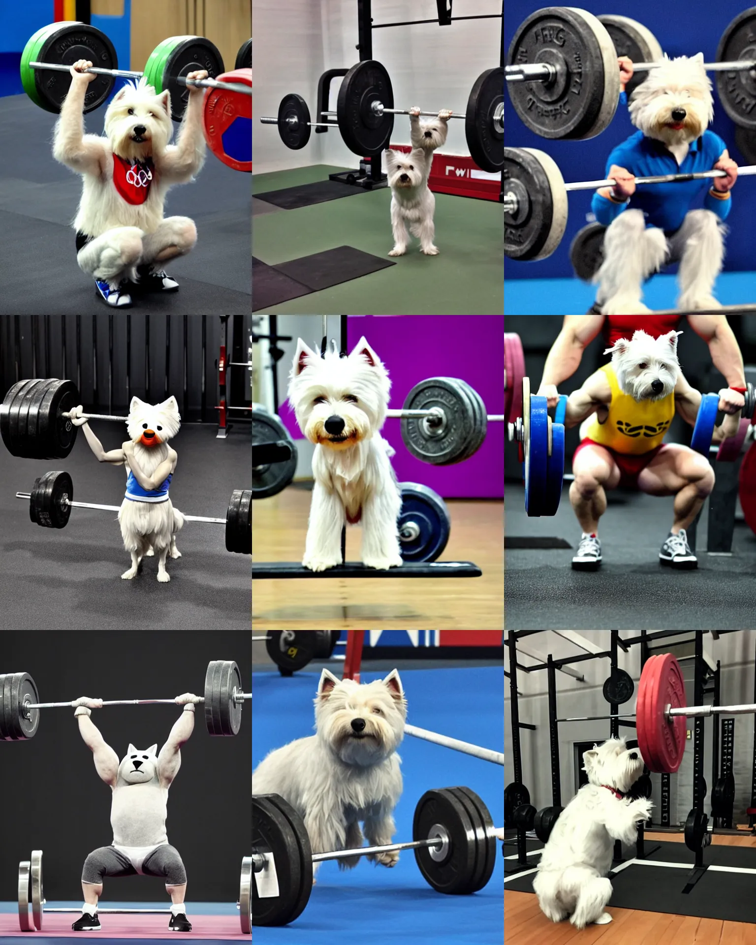 Prompt: a photo of an anthropomorphic anthropomorphic westie weight lifting weightlifting barbell up in olympic