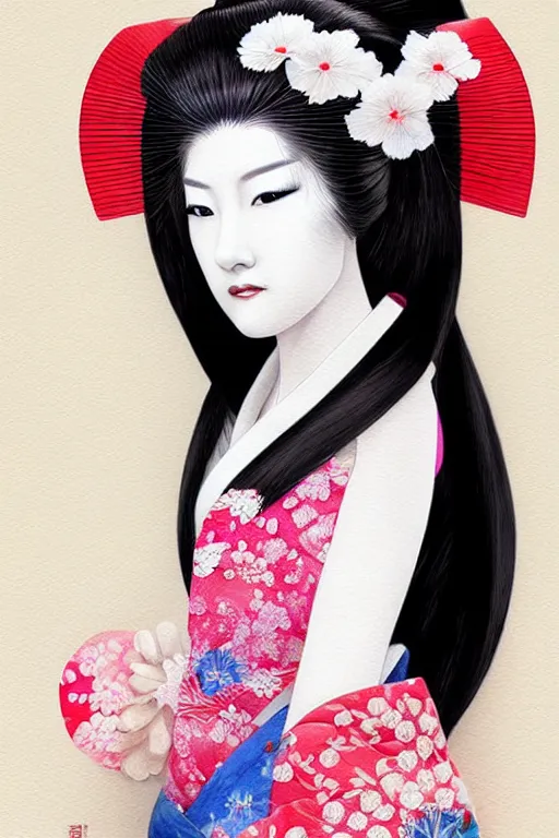 Image similar to beauty geisha, digital art, 8k, character, realistic, portrait, photorealism, japan watercolour, masterpiece art