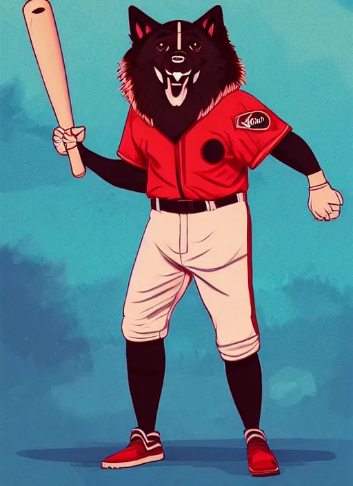 Prompt: commissioned full body portrait of a male anthro aslakan malamute with red fur playing baseball in a baseball stadium wearing a baseball uniform, by Kilian Eng, by Sandra Chevrier, trending on artstation