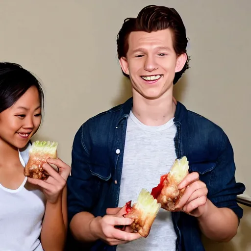 Image similar to Tom Holland eating spam musubi with a Filipina college girl