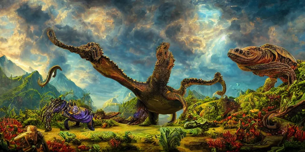 Image similar to fantasy oil painting, great leviathan, cybernetic turtle cephalopod terrapin reptilian pachyderm squid, bella hadid, hybrid, milla jovovich, anubis, epic natural light, lush plants flowers, spectacular mountains, bright clouds, luminous sky, outer worlds, golden hour, michael cheval, edward hopper, michael whelan, vray, hd