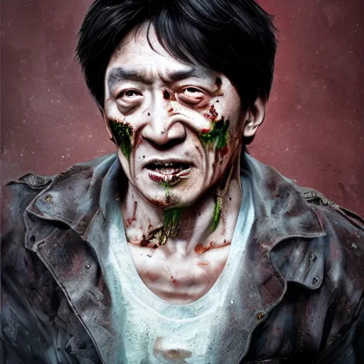 Image similar to a zombie Jackie Chan, by WLOP, horror, wounds, bloody, detailed, realistic, trending on artstation