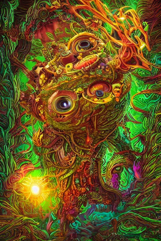 Image similar to creature sushi roots cactus elemental flush of force nature micro world fluo light deepdream a wild amazing steampunk baroque ancient alien creature, intricate detail, colorful digital painting radiating a glowing aura global illumination ray tracing