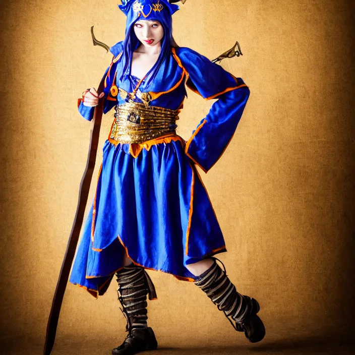 Image similar to full body photograph ofa real - life very beautiful female jester warrior. extremely detailed. dslr. 8 5 mm.