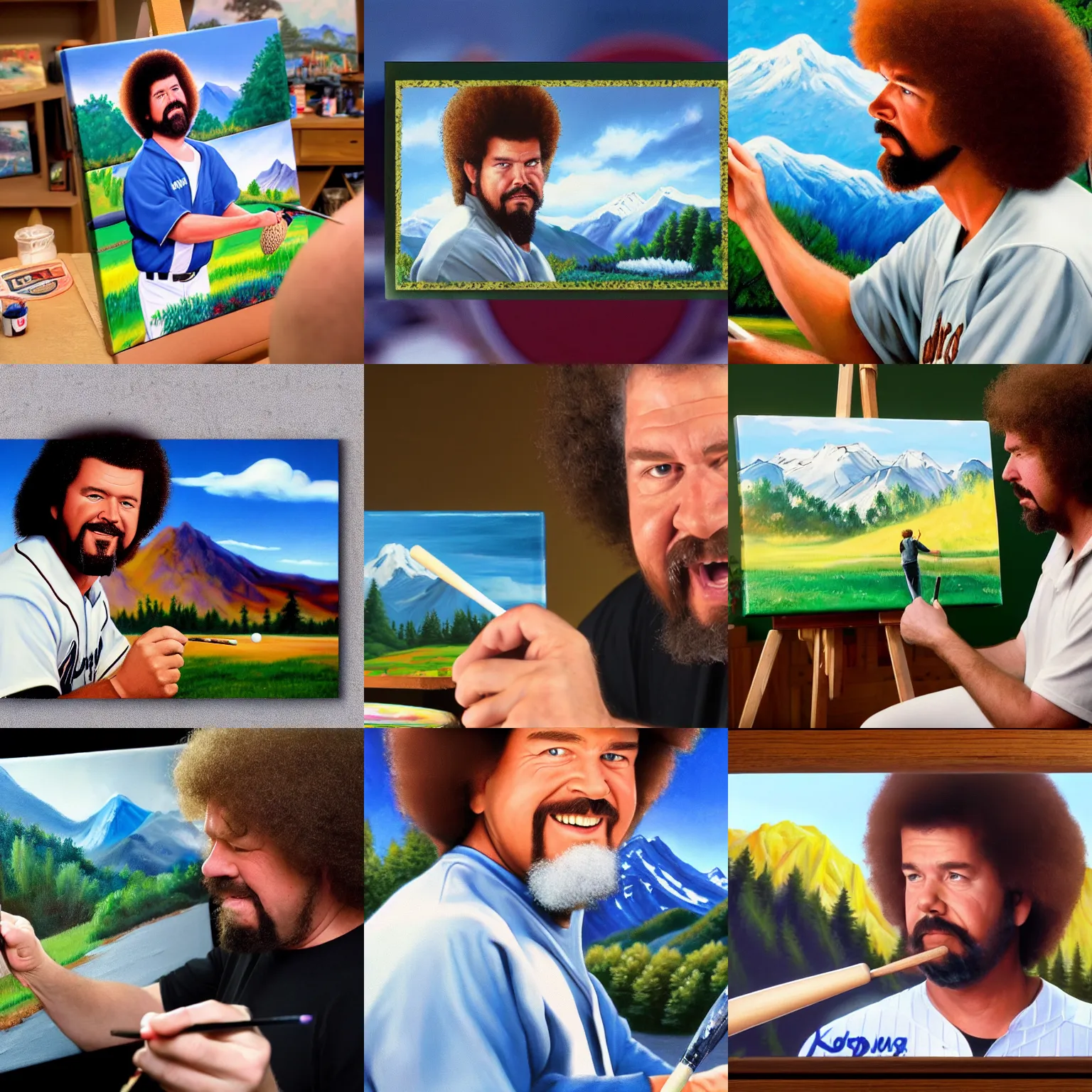 Prompt: a closeup photorealistic photograph of bob ross painting a baseball card on a canvas featuring kenny powers. mountains and trees. film still. brightly lit scene. this 4 k hd image is trending on artstation, featured on behance, well - rendered, extra crisp, features intricate detail, epic composition and the style of unreal engine.