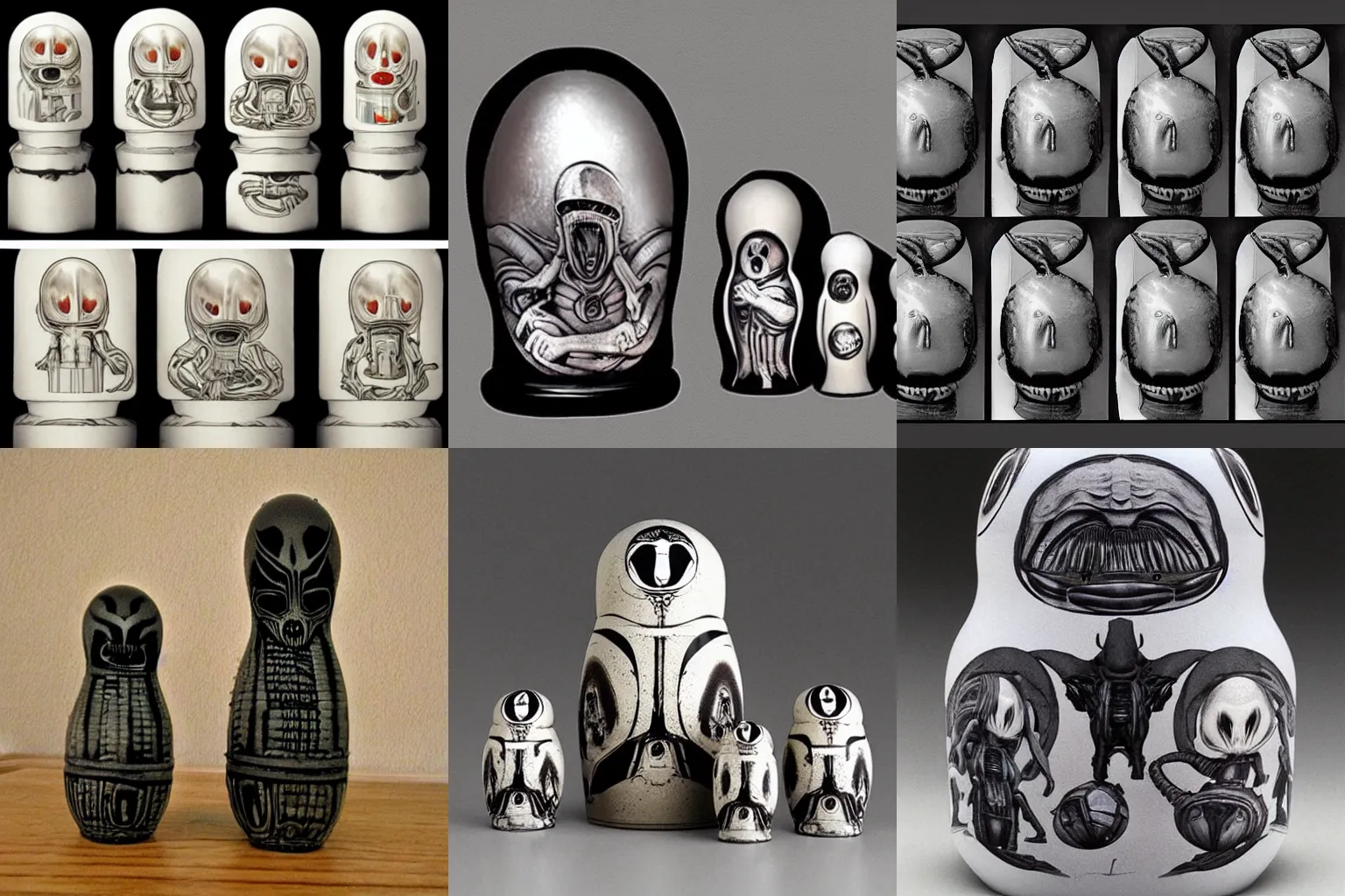 Prompt: xenomorph nesting dolls, by h. r. giger.