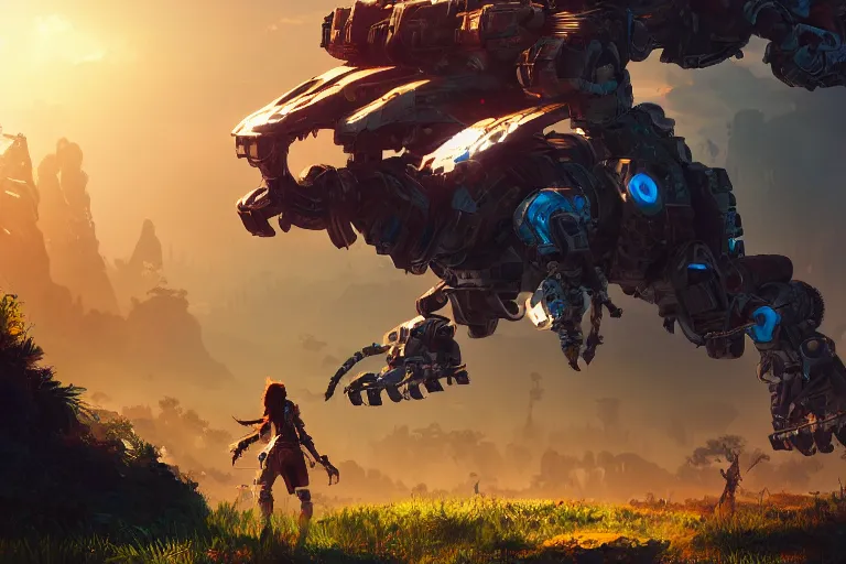 Image similar to scrapper machine mecanical creature robot of horizon forbidden west horizon zero dawn radiating a glowing aura global illumination ray tracing hdr fanart arstation by ian pesty and alena aenami artworks in 4 k