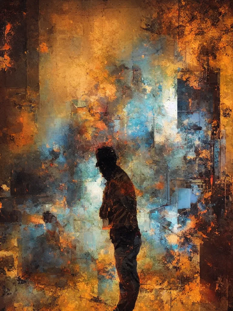 Image similar to a beautiful glitched oil painting by robert proch of a man standing with his phone in front of a bathroom mirror, color bleeding, pixel sorting, copper oxide and rust materials, brushstrokes by jeremy mann, cold top lighting
