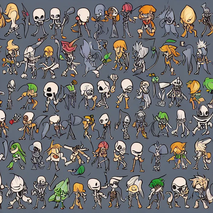 Image similar to spritesheet containing a chibi wizard and skeleton enemies of different magic types, colored lineart