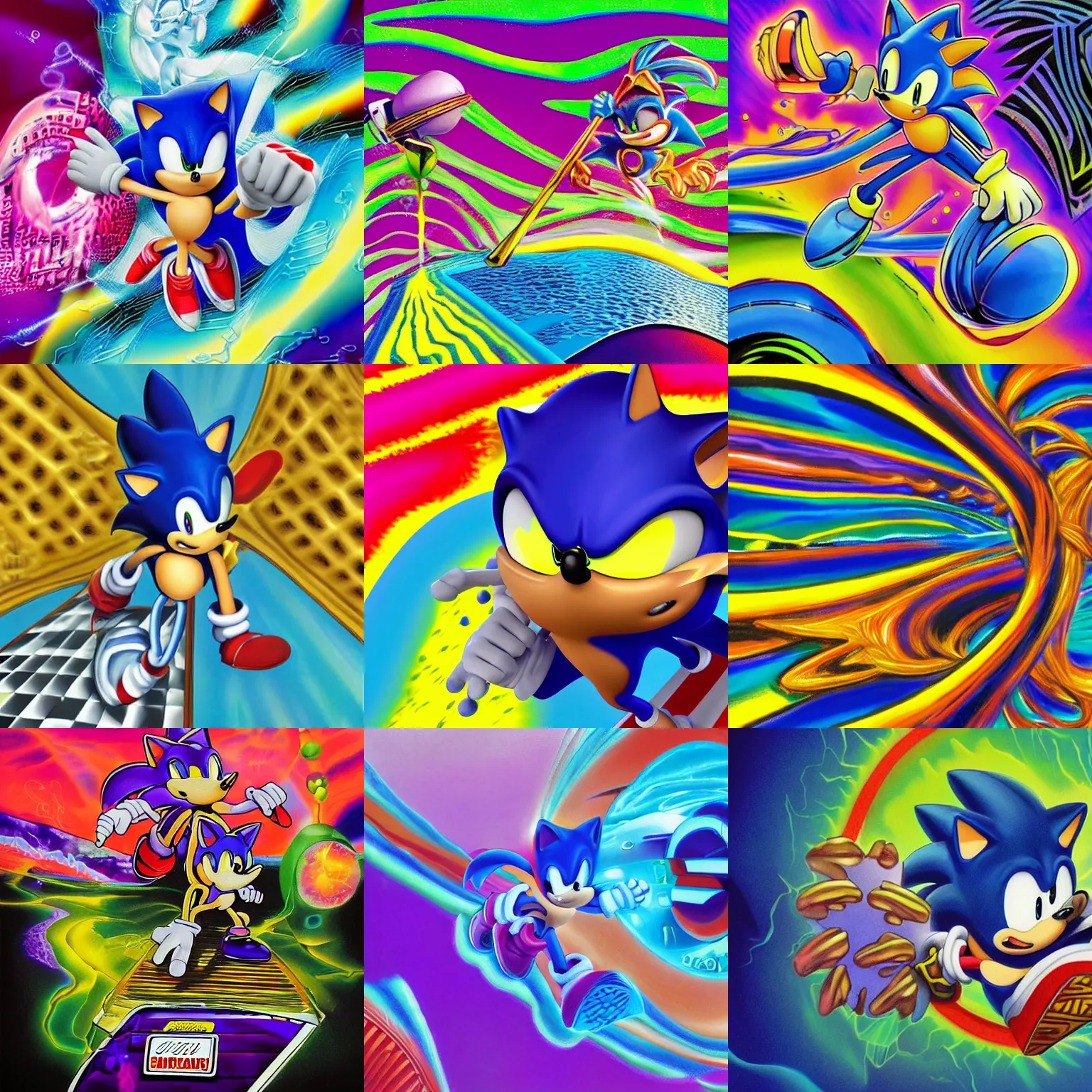 Image similar to sonic closeup of surreal, sharp, detailed professional, high quality airbrush art MGMT album cover of a liquid dissolving LSD DMT sonic the hedgehog surfing through cyberspace, purple checkerboard background, 1990s 1992 Sega Genesis video game album cover