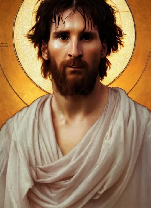 Image similar to portrait lionel messi as jesus, full length shot, shining, 8 k highly detailed, sharp focus, illustration, art by artgerm, mucha, bouguereau