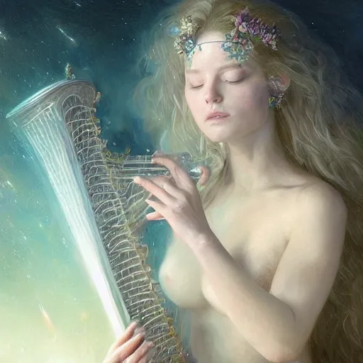 Image similar to a high quality realistic portrait of a very very beautiful! celestial interdimensional goddess playing a mystical harp and springing life into the universe, highly detailed, intricate, sharp focus, fantasy, mystical, dreamlike, cinematic lighting by WLOP and greg rutkowski