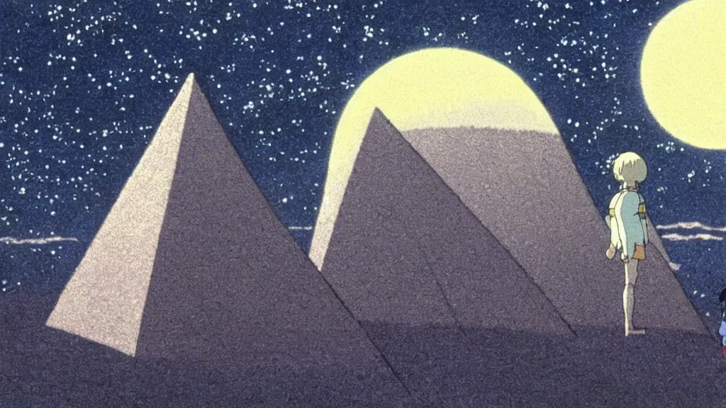 Image similar to a movie still from a studio ghibli film showing a floating large white pyramid, an alien, and a ufo on a misty and starry night. by studio ghibli